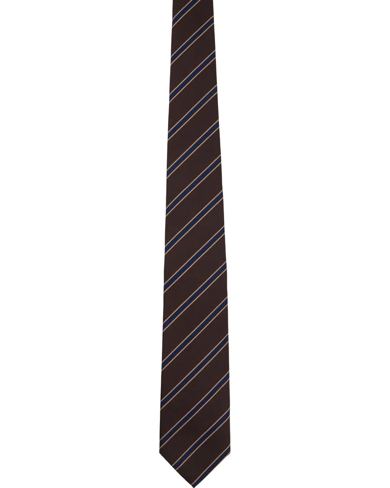 AURALEE Brown & Blue Silk Stripe Tie Dark