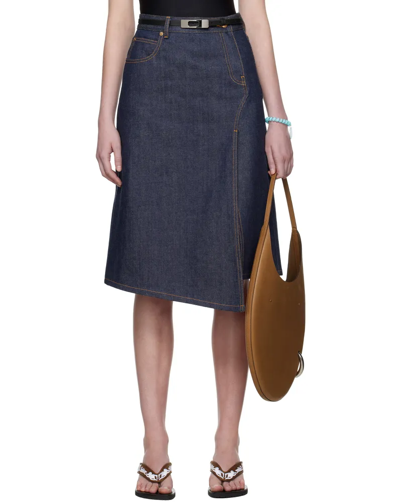 Tory Burch Navy High Slit Denim Midi Skirt Raw