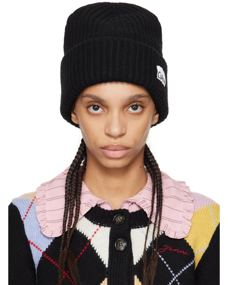 Ganni Black Oversized Wool Rib Knit Beanie 099