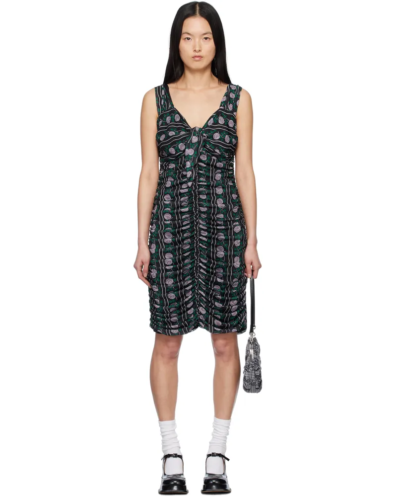 Anna Sui Black Rosetti Mesh Ruched Tie Midi Dress Black