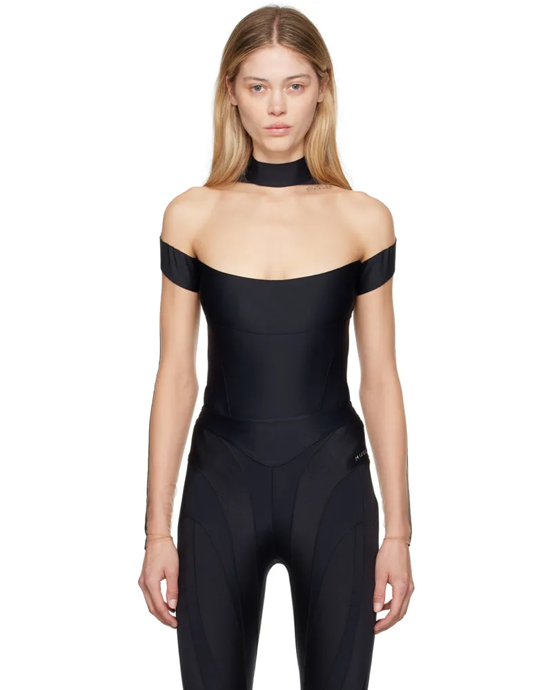 Thierry Mugler Black & Beige Illusion Neckline Bodysuit B99n1