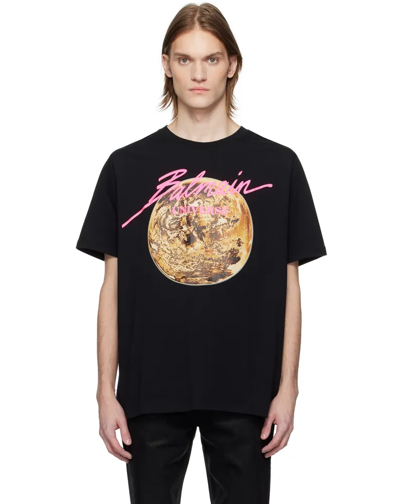 Balmain Black Printed 'Balmain Universe' Logo & Planet T-shirt Enc