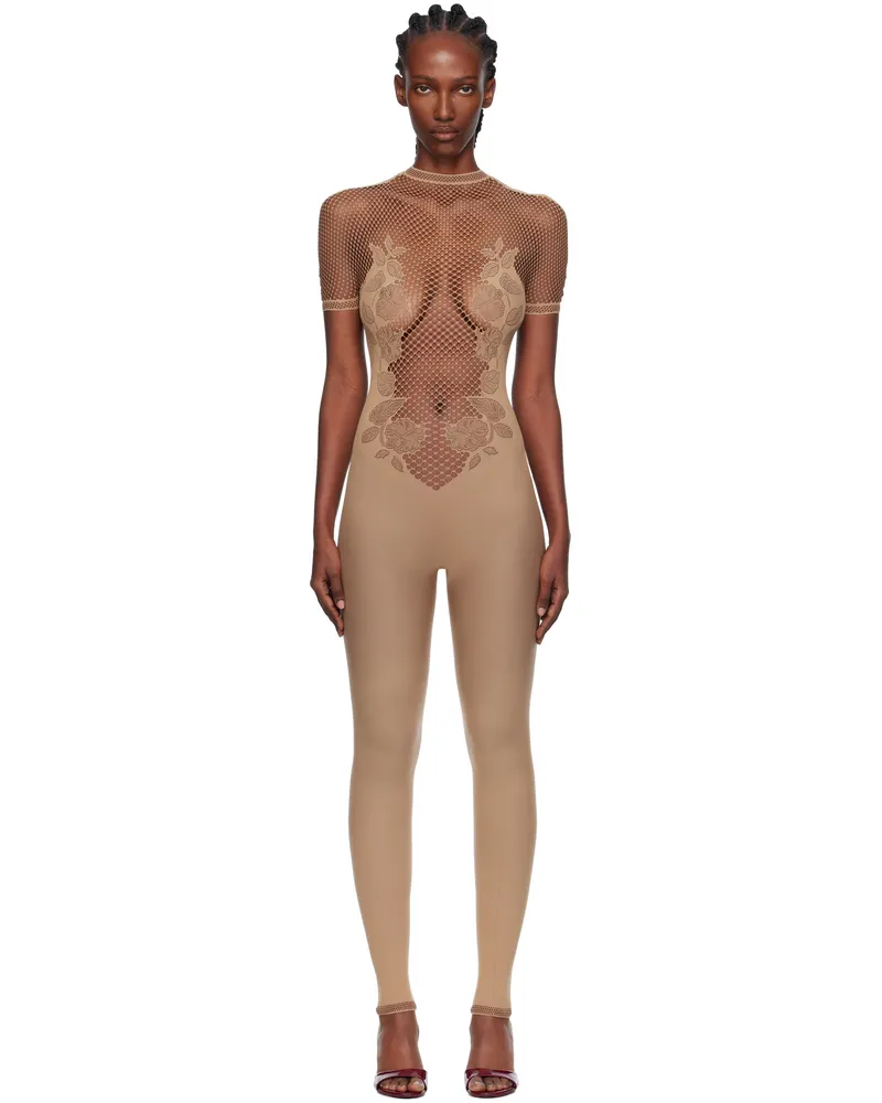Poster Girl Beige Leaves Fishnet Jumpsuit Beige