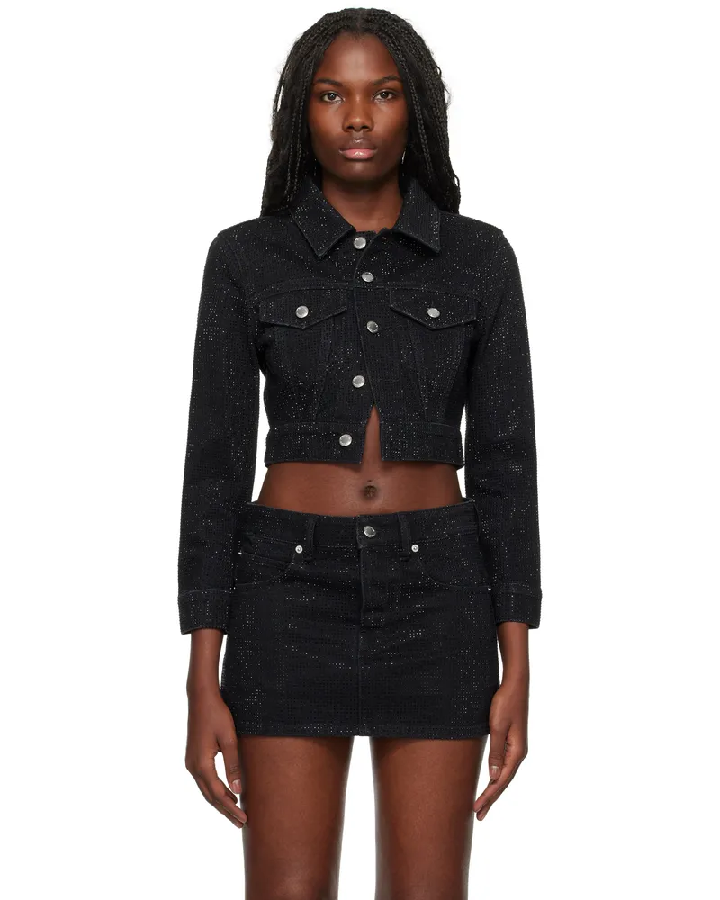 Alexander Wang Black Shrunken Crystal Hotfix Denim Jacket Washed