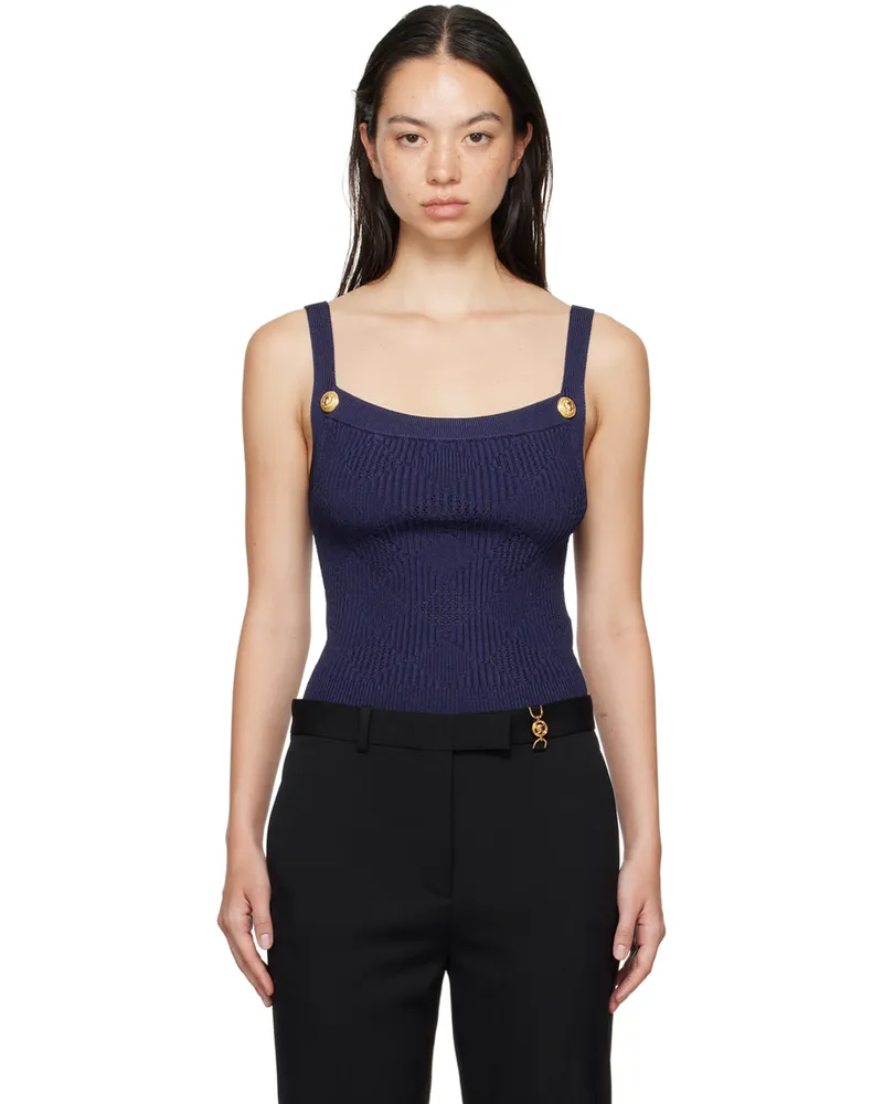 Balmain Blue Gingham Openwork Knit Tank Top 6bo