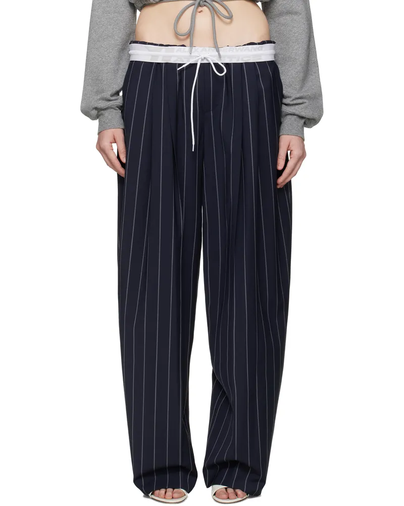 Alexander Wang Navy Pinstripe Tropical Wool Stretch Trousers Navy