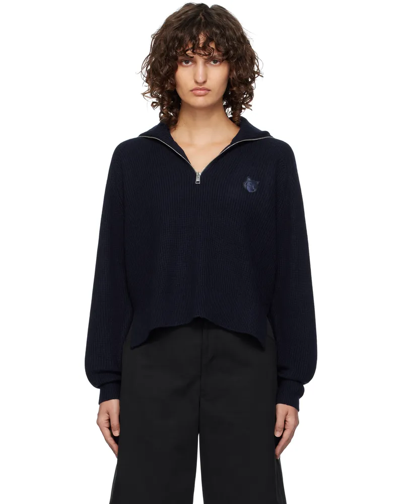 Kitsuné Navy Bold Fox Head Patch Half Zip Ribbed Sweater P476