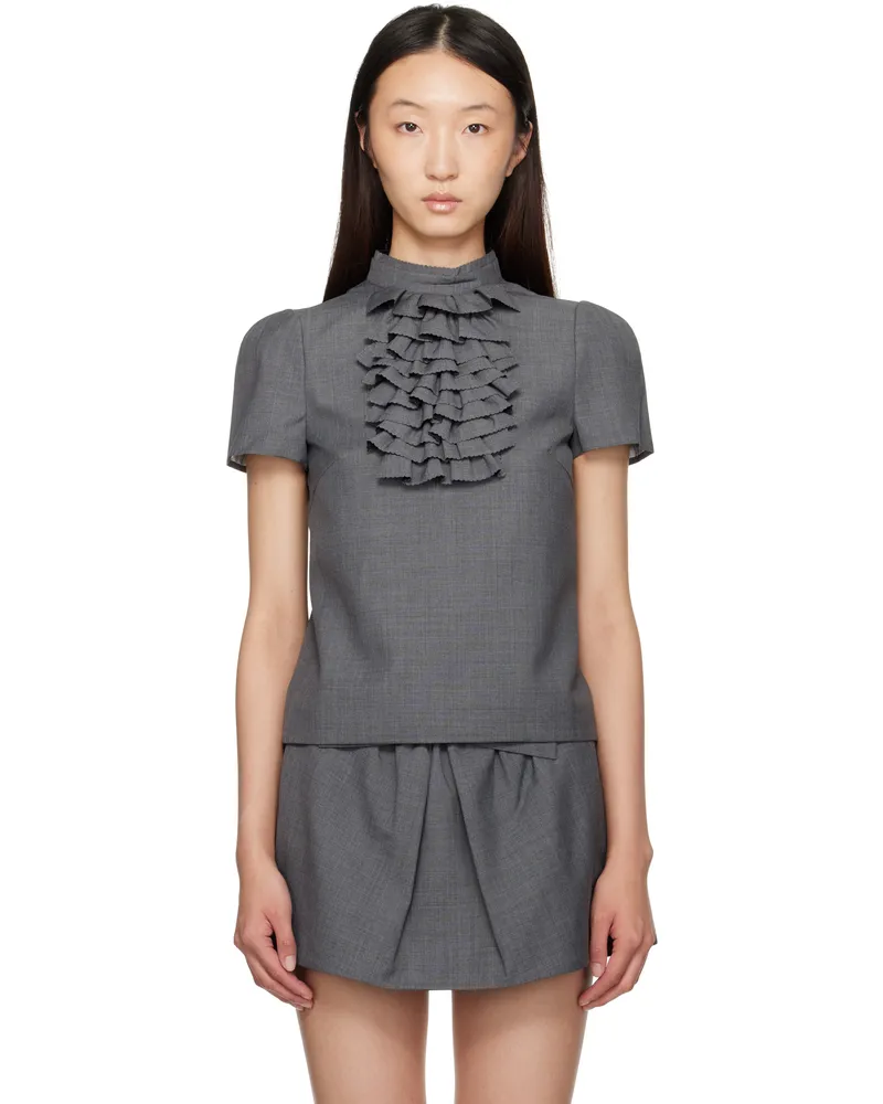 SHUSHU/TONG Gray Patchwork Embellished Round Collar Top Gr100