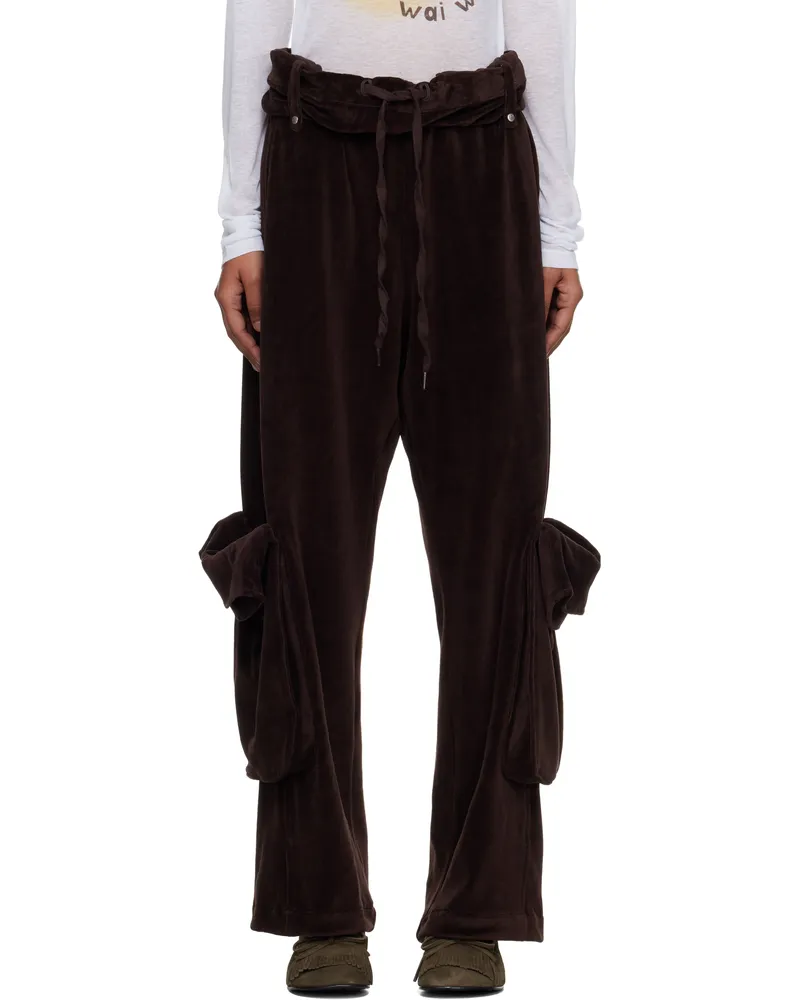 OPEN YY Brown Rolled Waist Velour Cargo Pants Brown