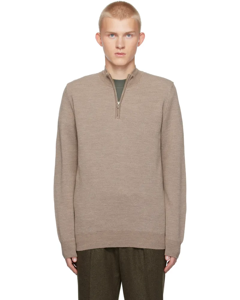 Sunspel Beige Merino Honeycomb Zip Neck Sweater Light