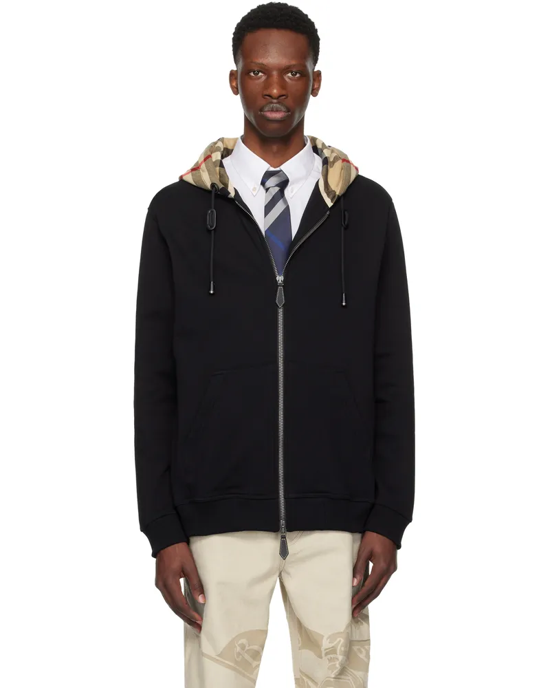 Burberry Black Check Hood Cotton Zip Hoodie Black
