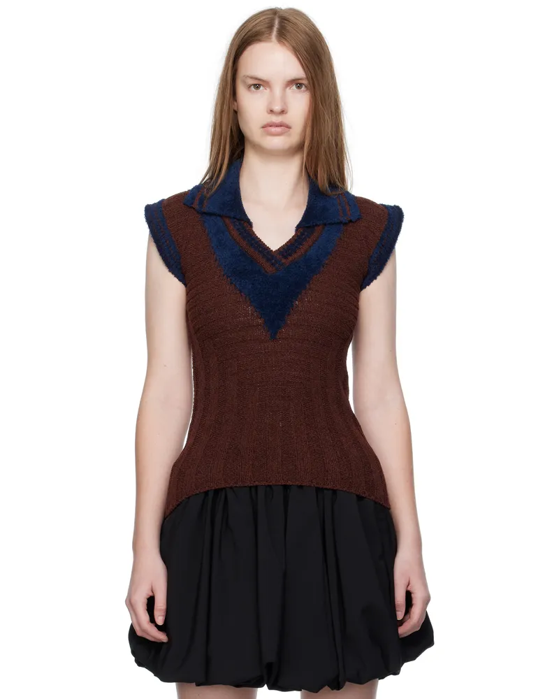 KIKO KOSTADINOV Navy & Brown Quimby Sleeveless Polo Mahogany