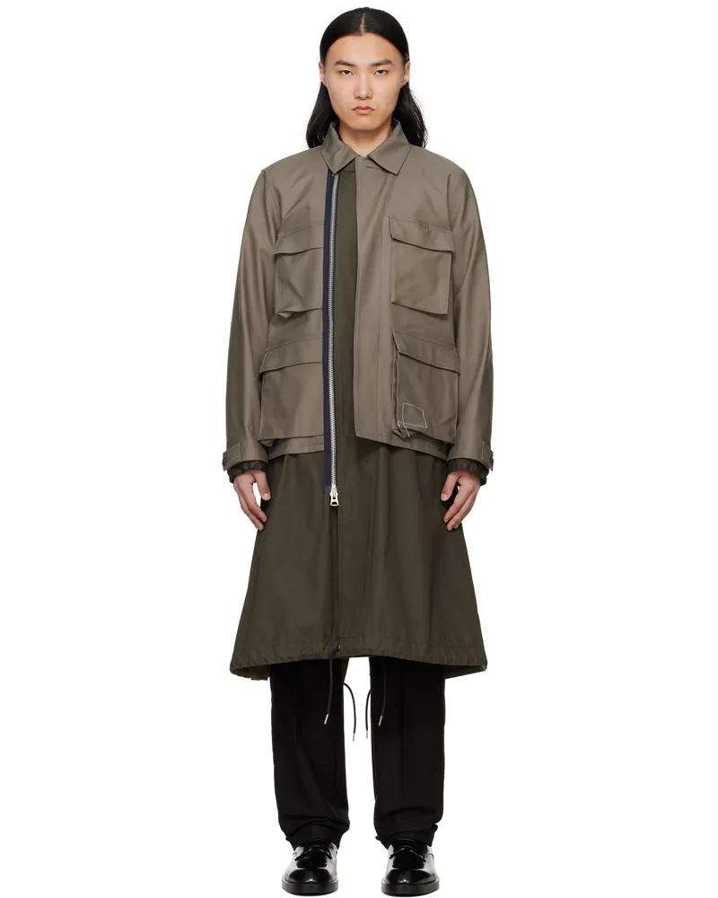Sacai Taupe & Khaki WTAPS Edition Cotton Back Satin Coat 543