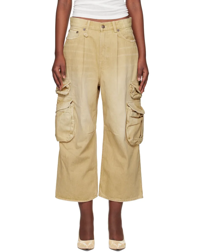 R13 Tan Cropped Multi Pocket Cargo Jeans Faded