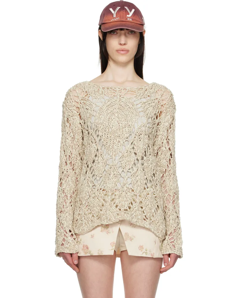 OPEN YY Beige Cotton Argyle Pointelle Pullover Sweater Beige