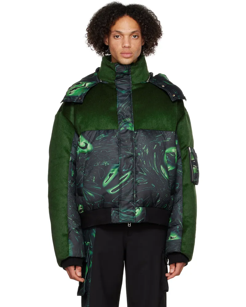 Feng Chen Wang Black & Green Lacquerware Down Jacket Green