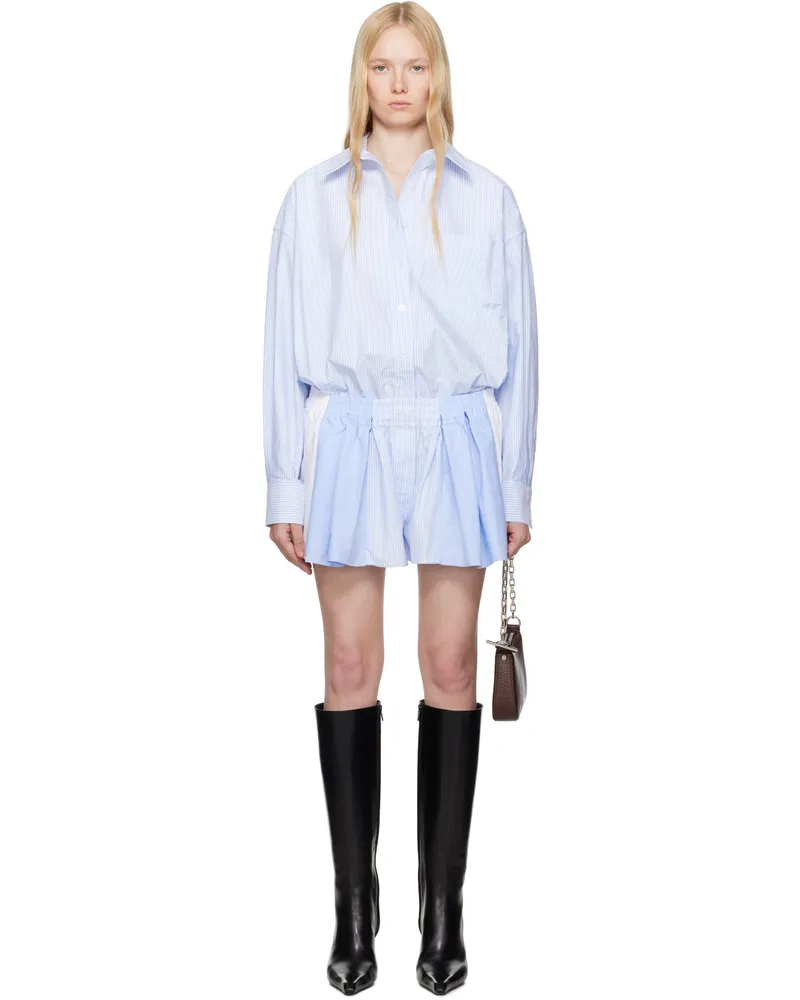 Alexander Wang Blue & White Prestyled Pleated Boxer Romper Oxford