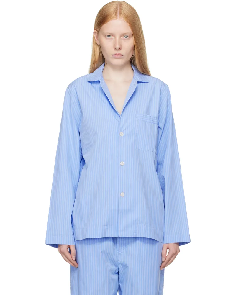 TEKLA Blue Poplin Long-Sleeved Pyjama Shirt Pin