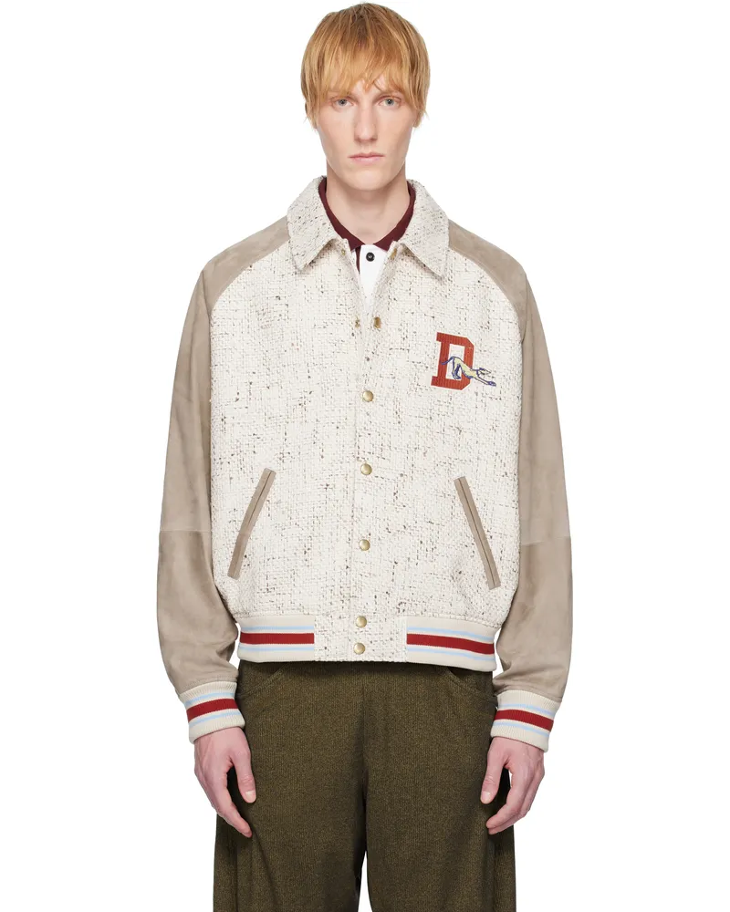 Drôle de Monsieur Beige 'Le Bomber Tweed' Leather Bomber Jacket Ecru