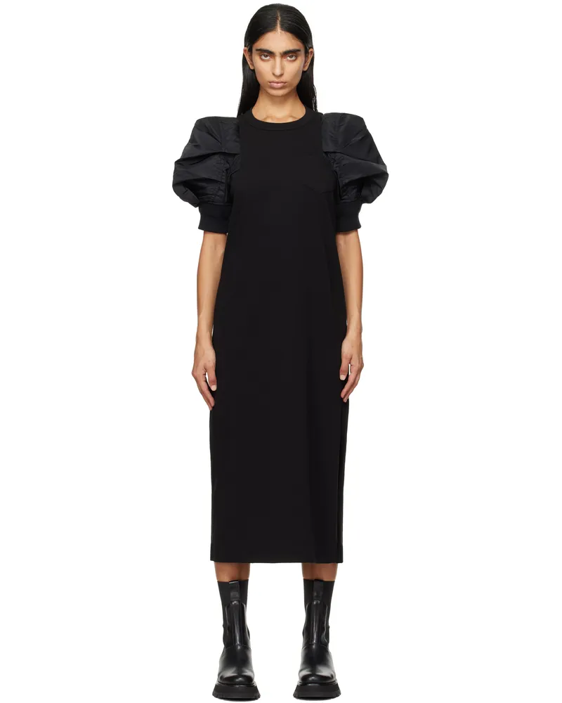 Sacai Black Nylon Twill & Cotton Jersey Maxi Dress 001