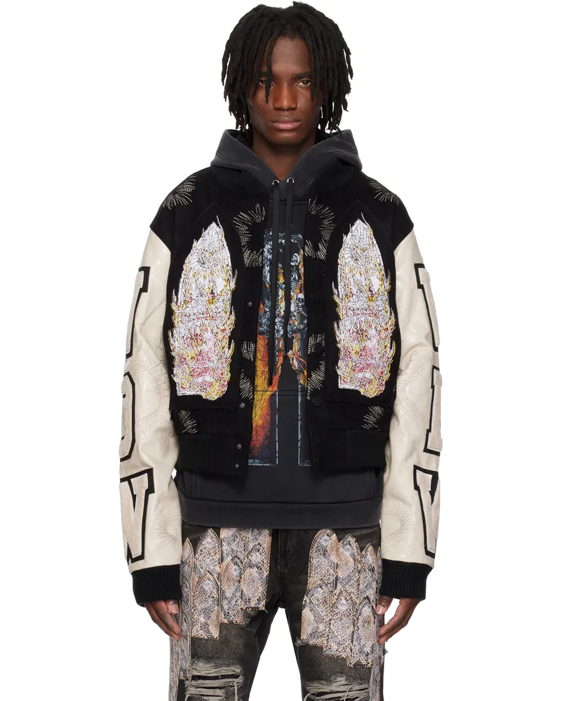 WHO DECIDES WAR Black & Off-White Namesake Varsity Bomber Jacket Coal