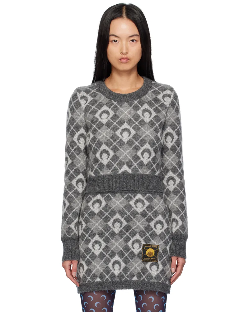 Marine Serre Gray Moon Argyle Knit Cropped Sweater Gr00