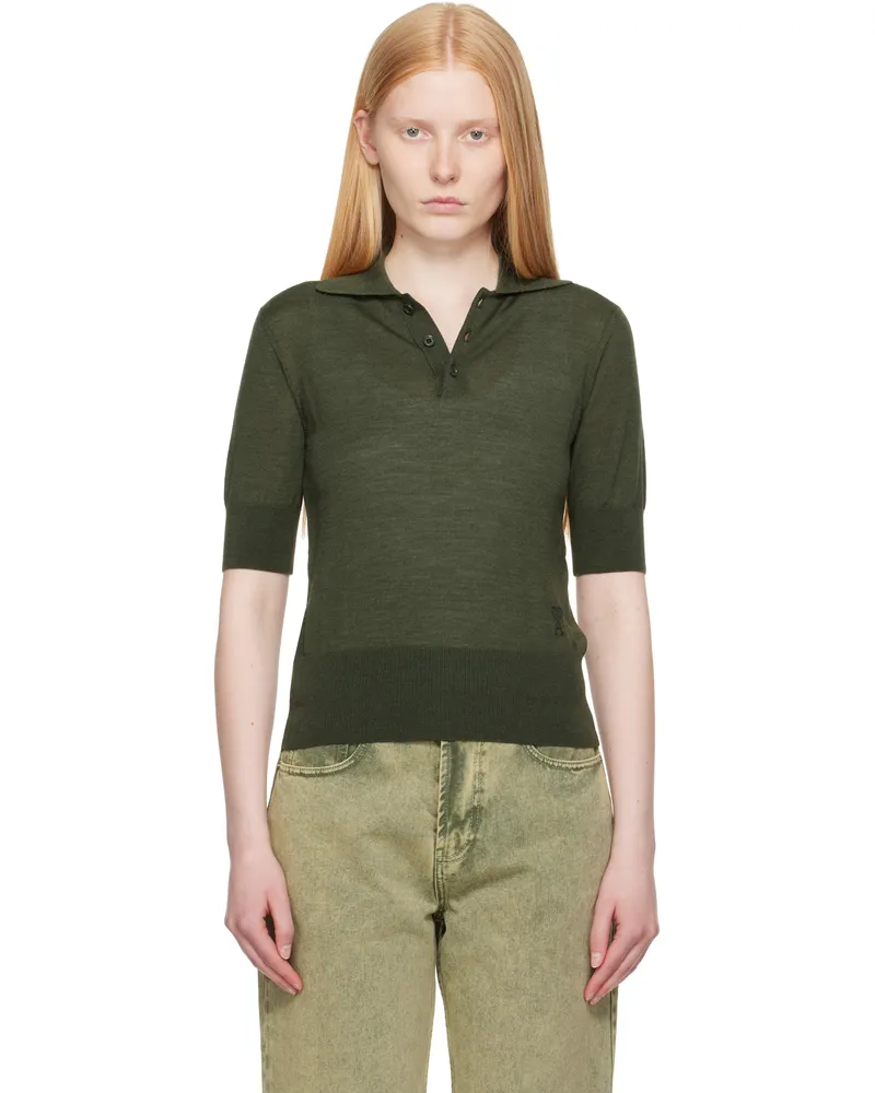 AMI Paris Khaki Wool Tonal Ami de Coeur Polo Loden