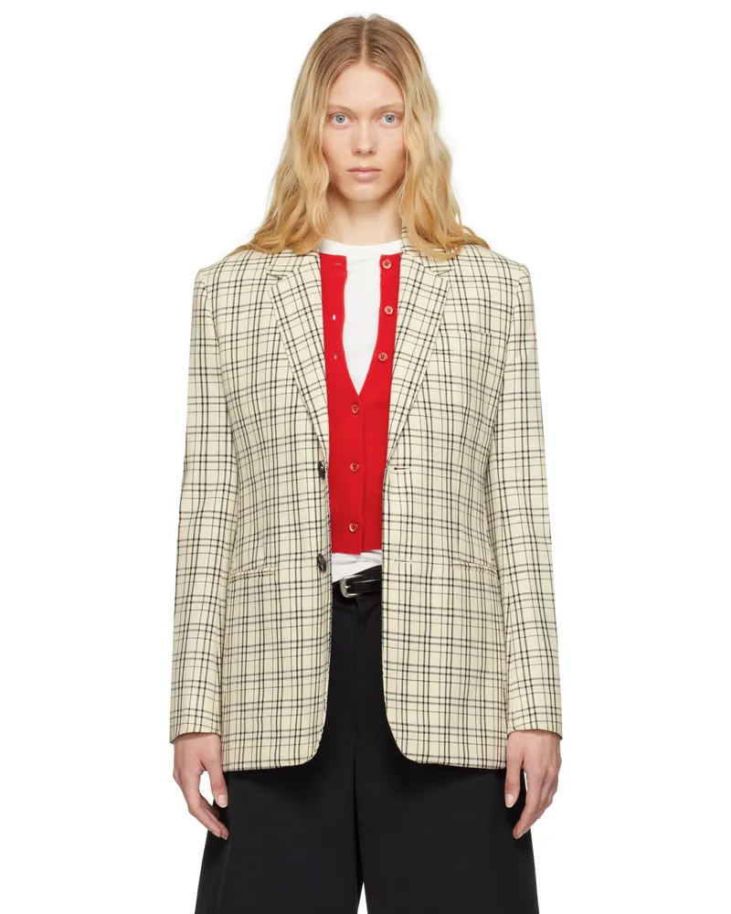 AMI Paris Beige Checked Wool Semi-Lined Blazer White