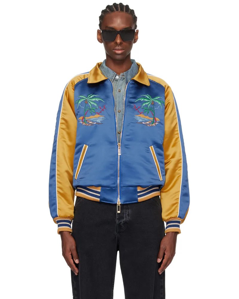 RHUDE Blue & Yellow Palm Eagles Souvenier Bomber Jacket Navy
