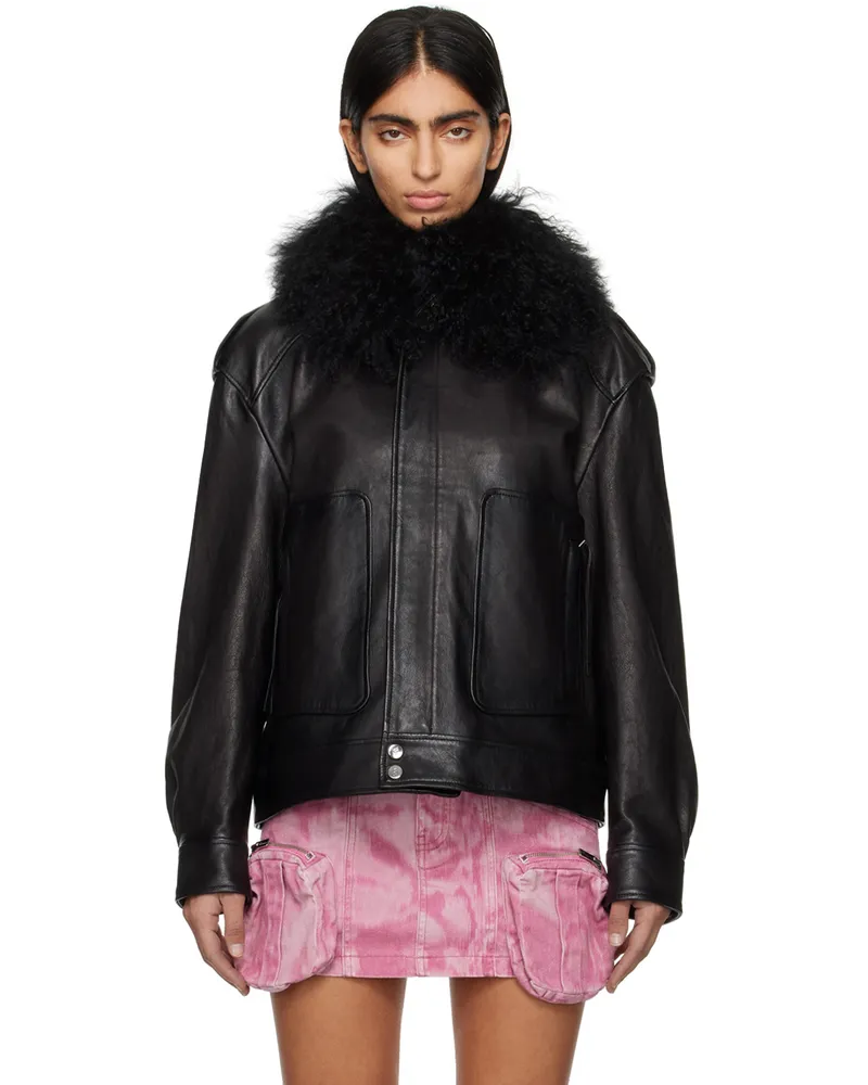 Blumarine Black Spread Collar Leather Biker Jacket N0990