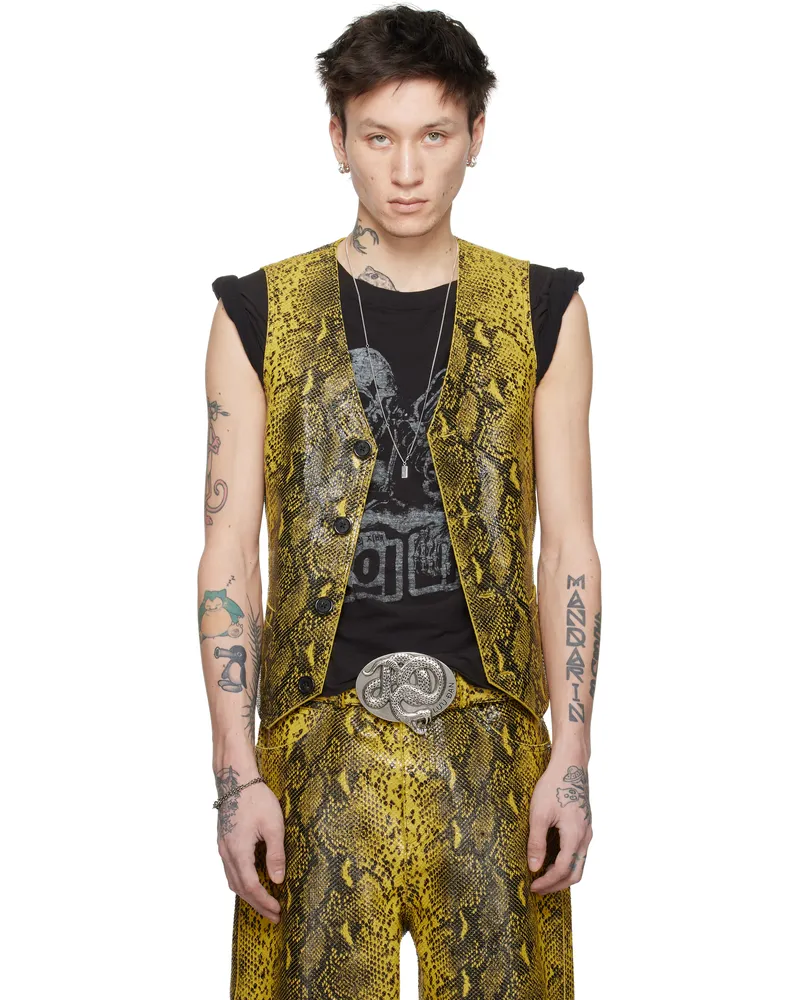 LU'U DAN Black & Yellow 'Year of the Snake' Embossed Leather Vest Jungle