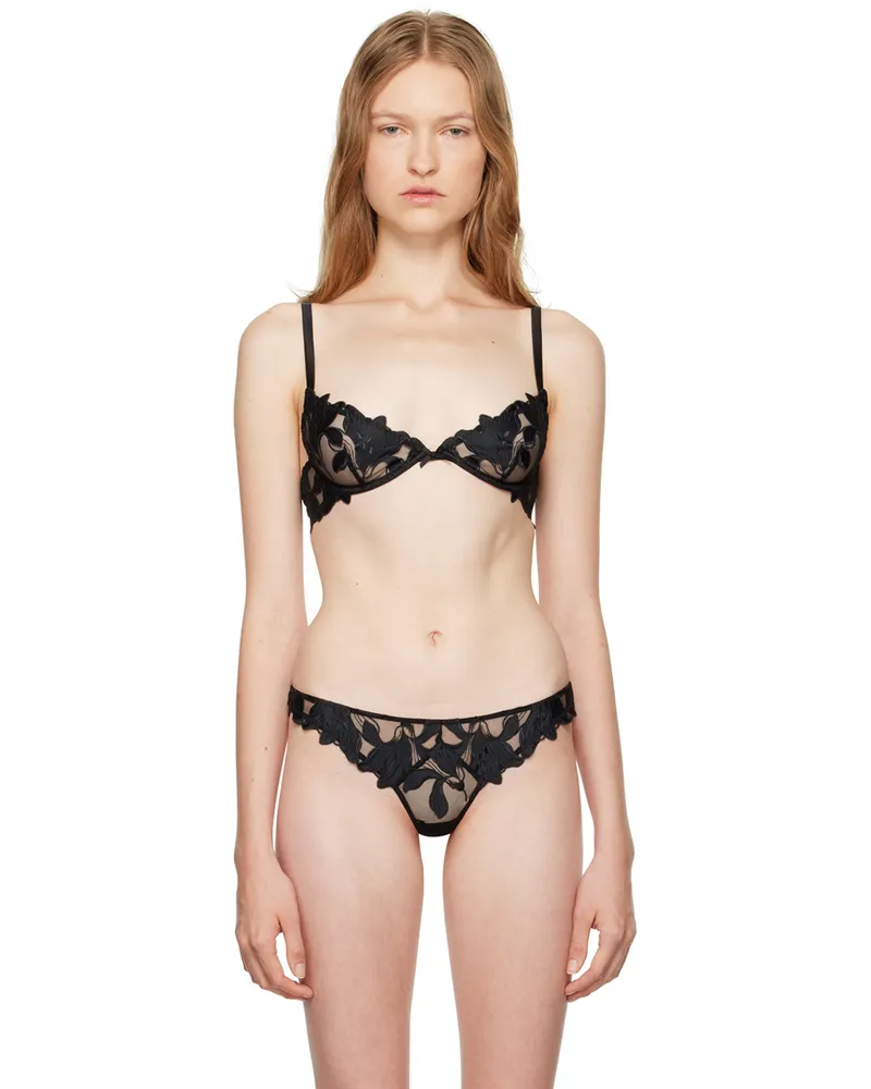 Fleur Du Mal Black Lily Embroidery Plunge Demi Bra 0100
