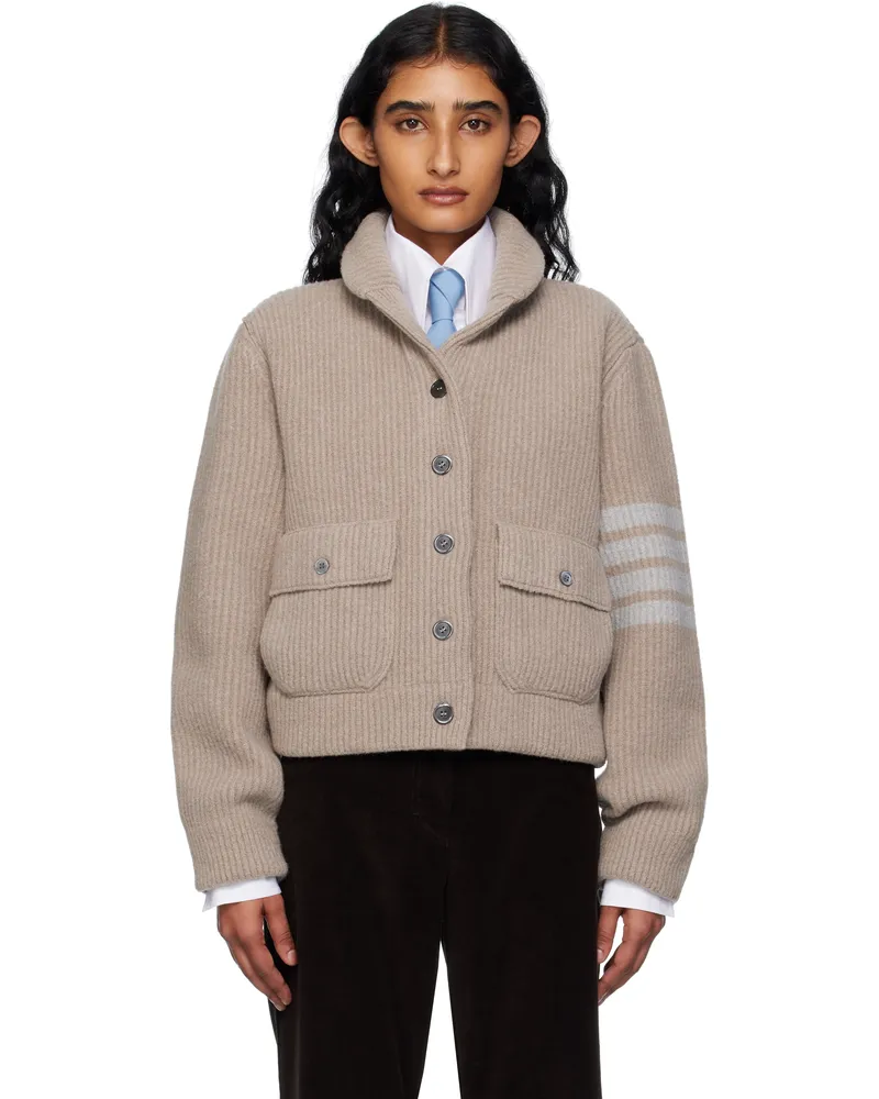 Thom Browne Beige Boiled Merino Wool 4-Bar Bomber Cardigan 215