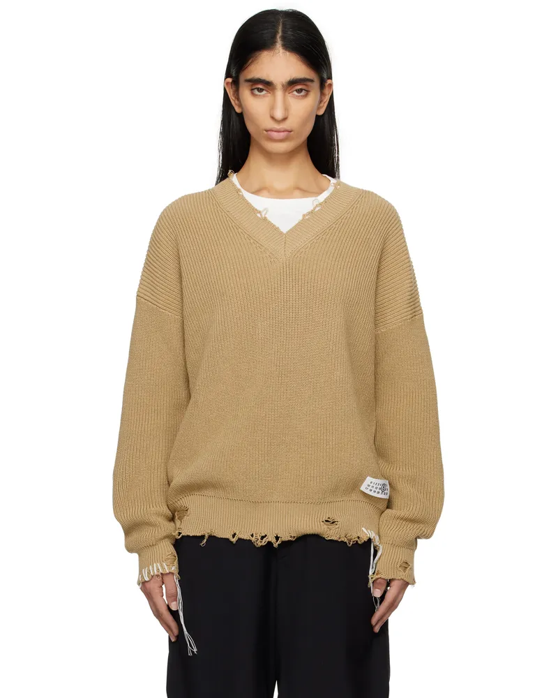 Maison Margiela Beige Eaten Knit V-Neck Sweater 119