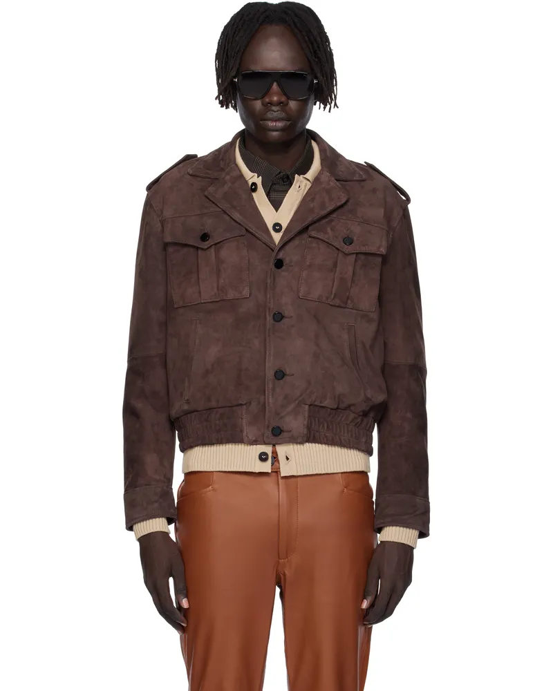 Ernest W. Baker Brown Suede Military Bomber Jacket Brown