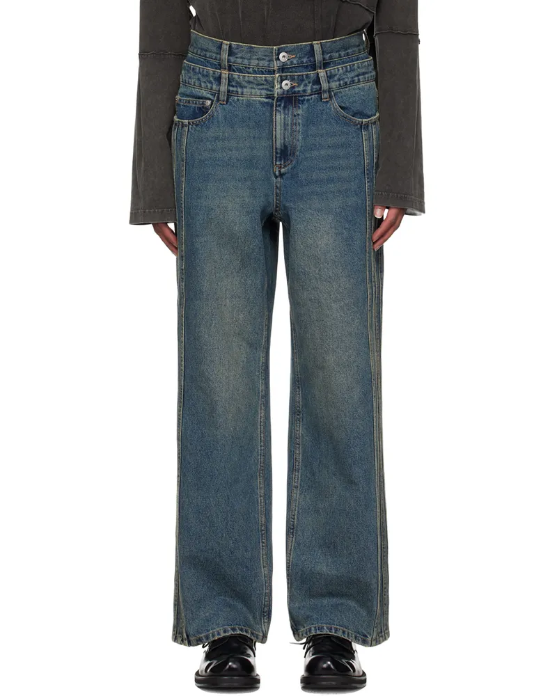 Feng Chen Wang Blue Multi Seam Straight Leg Jeans Blue