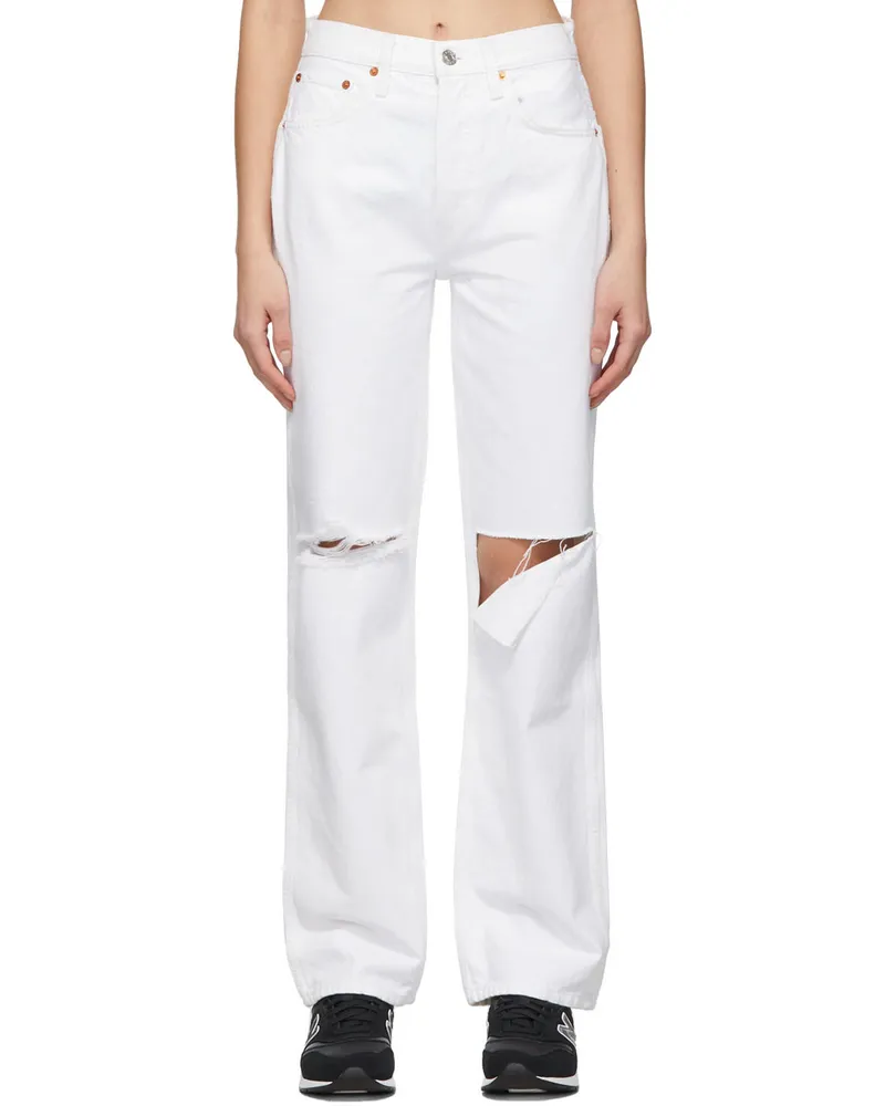 RE/DONE White Distressed High Rise Loose Jeans White