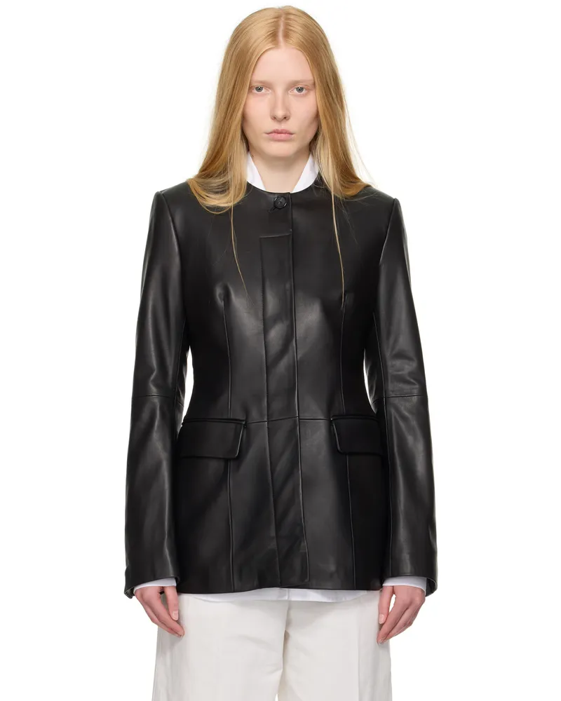 Totême Black Collarless Leather Jacket Black