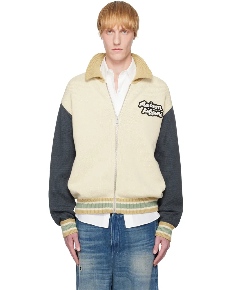 Kitsuné Beige & Navy Knitted College Bomber Jacket 0256