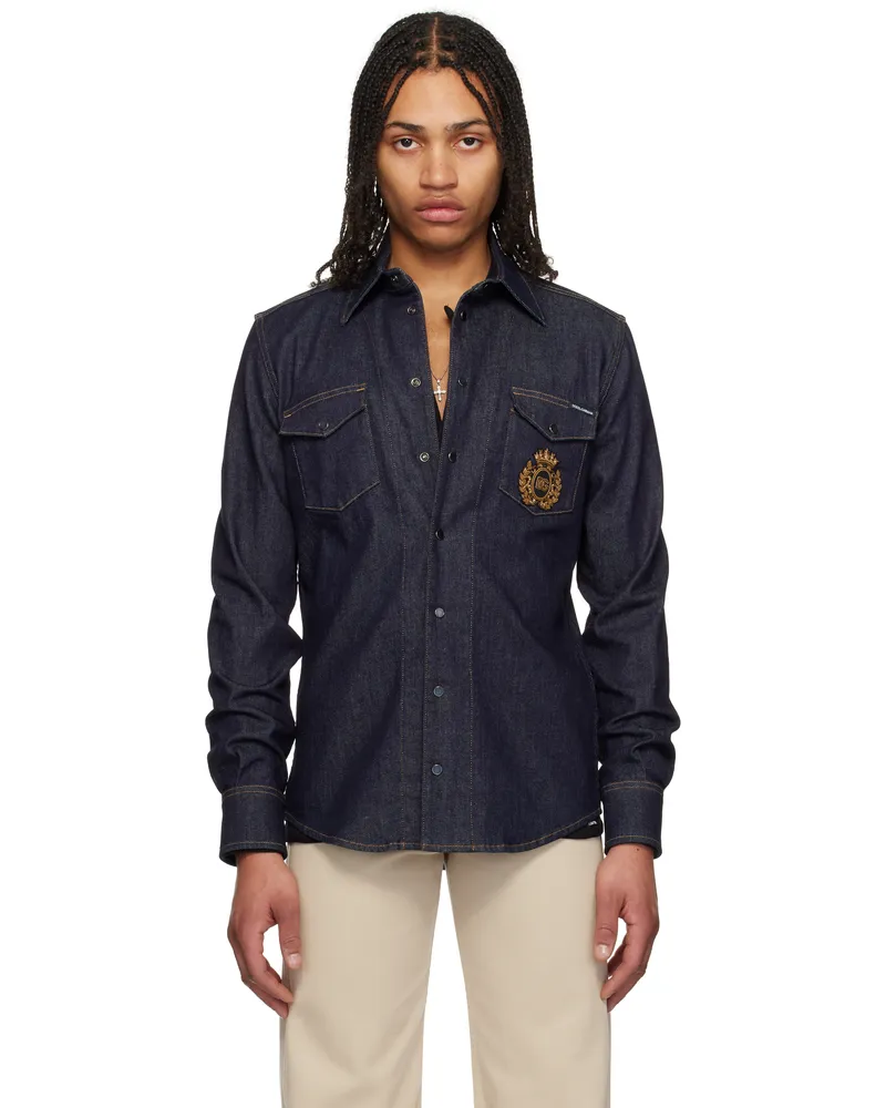 Dolce & Gabbana Navy Heraldic Emblem Denim Shirt Variante