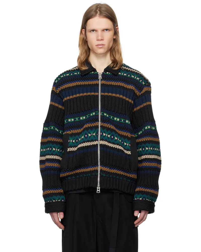 Sacai Black & Green Mesh Knit Cardigan 001