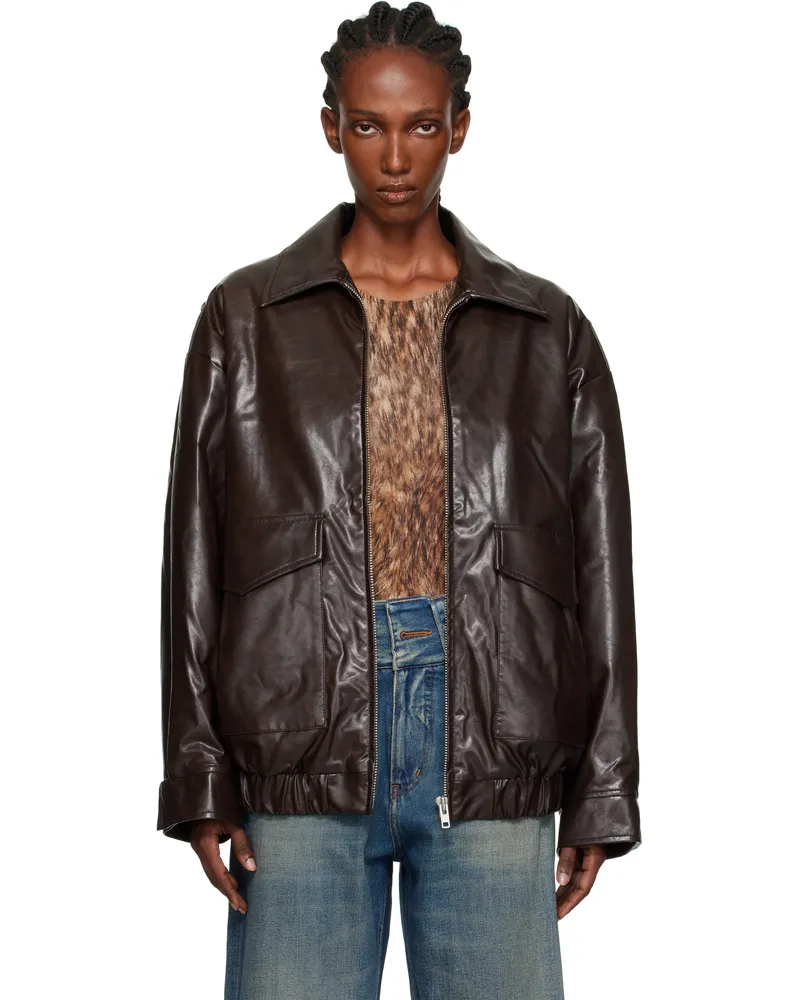 Maison Margiela Brown Zip Faux-Leather Bomber Jacket 144