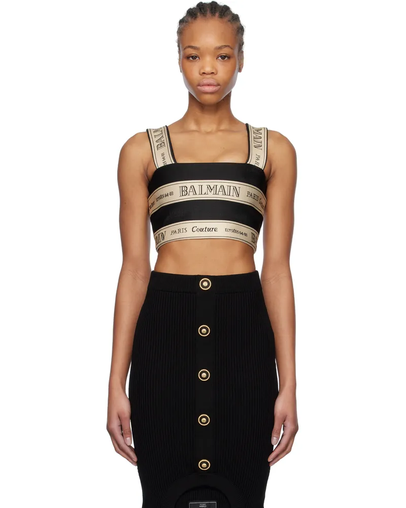 Balmain Black & Off-White 'Balmain' Ribbon Jacquard Crop Top Edy