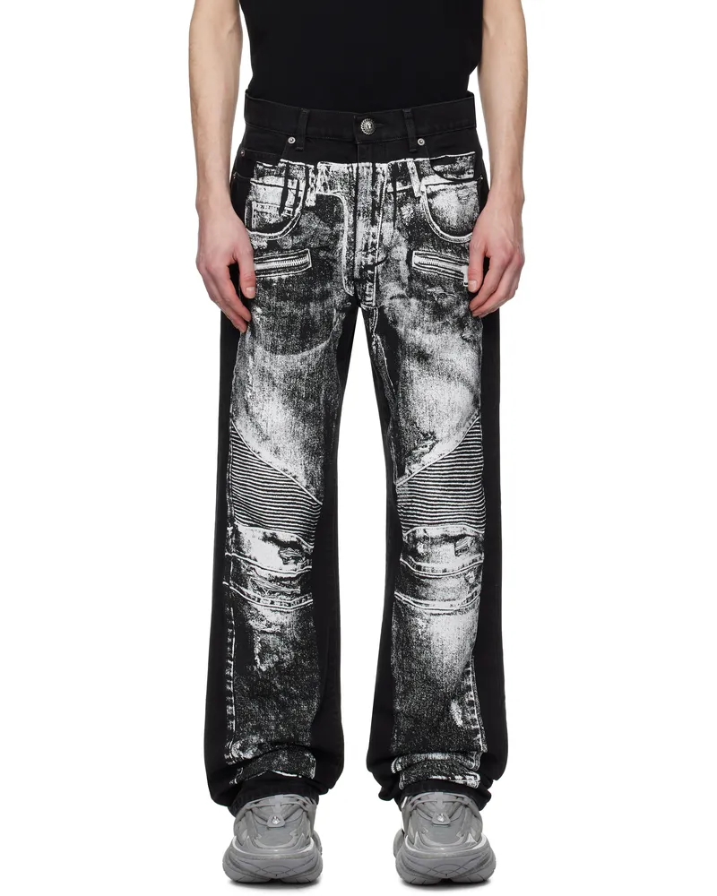 Balmain Black Loose-Fit Biker Print Jeans Elr