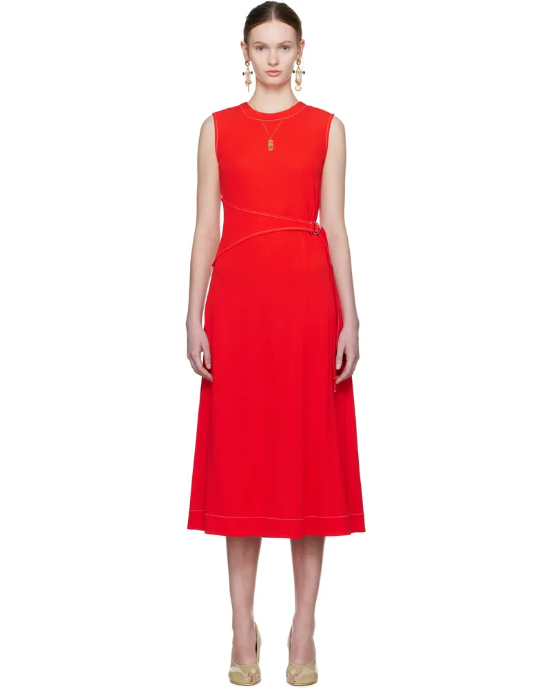 Tory Burch Red Belted Jersey Midi Dress Deep