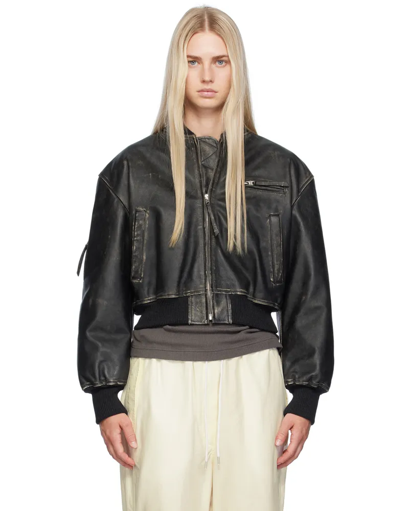 Acne Studios Black Distressed Leather Bomber Jacket 900