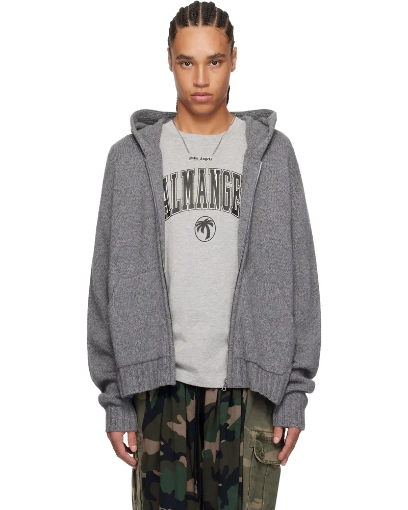 Palm Angels Gray Curved Logo Knit Hoodie Grey