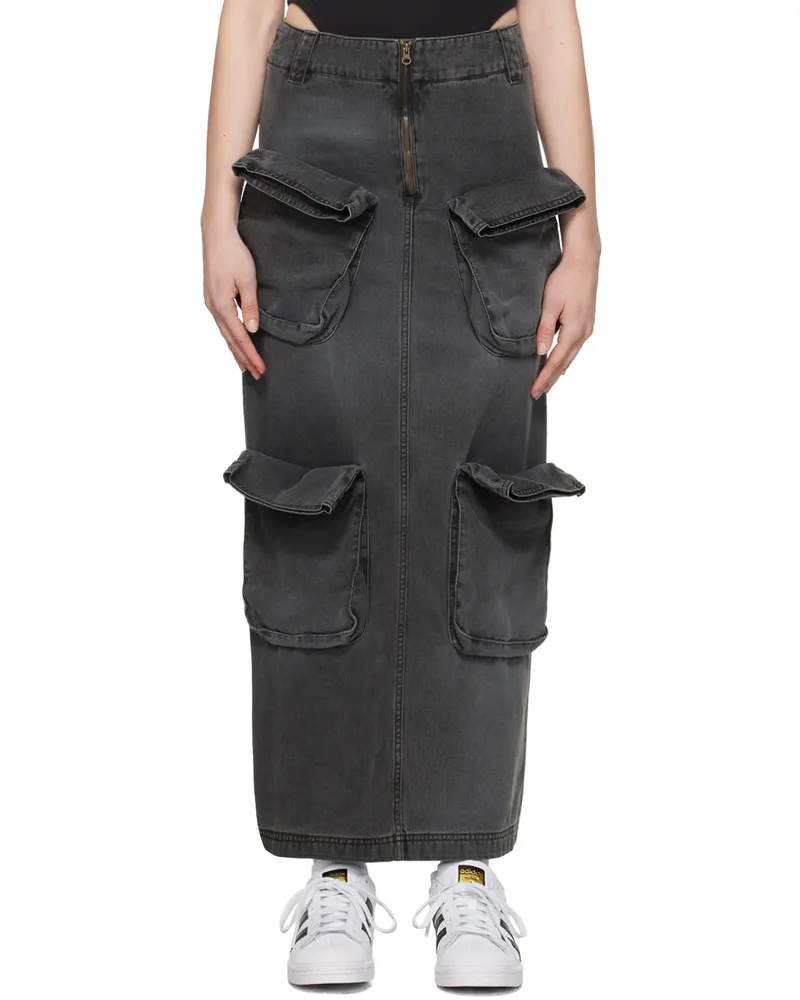 OPEN YY Black Cargo Denim Maxi Skirt Charcoal