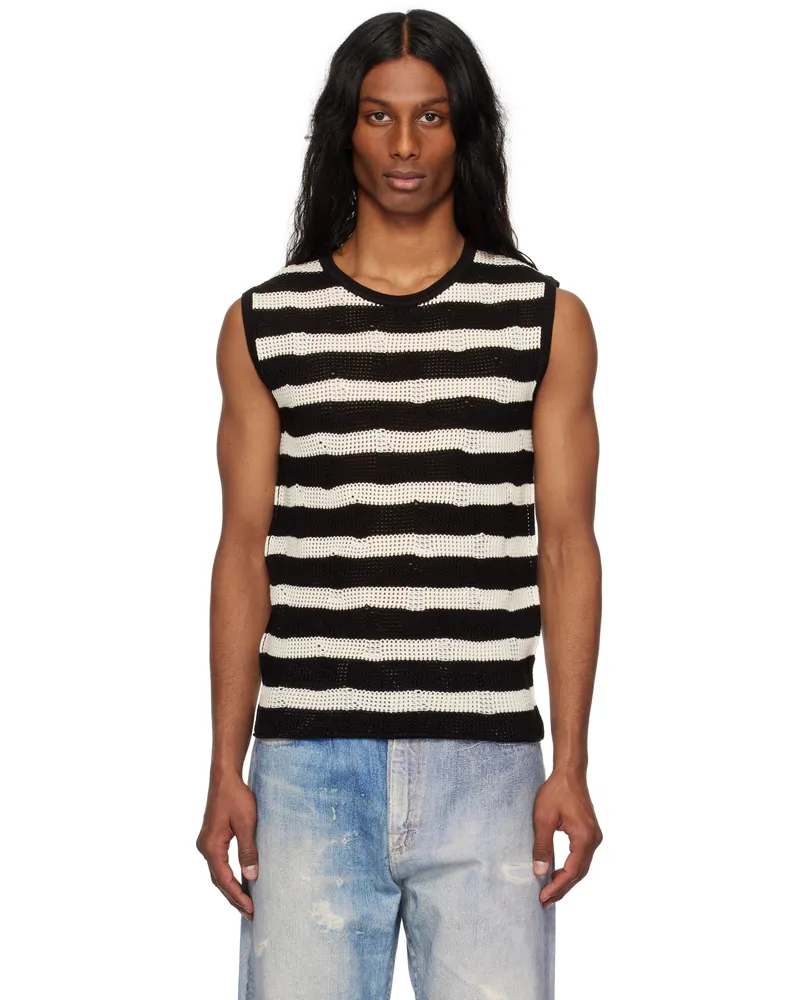 Andersson Bell Black & Off-White Net Damaged Sleeveless Tank Top Black