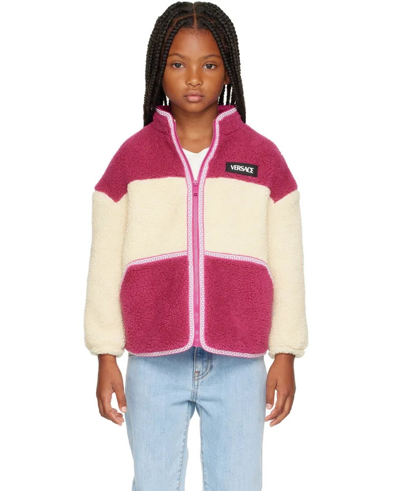 Versace Kids Pink & Off-White Faux-Shearling Greca Jacket 2pc00